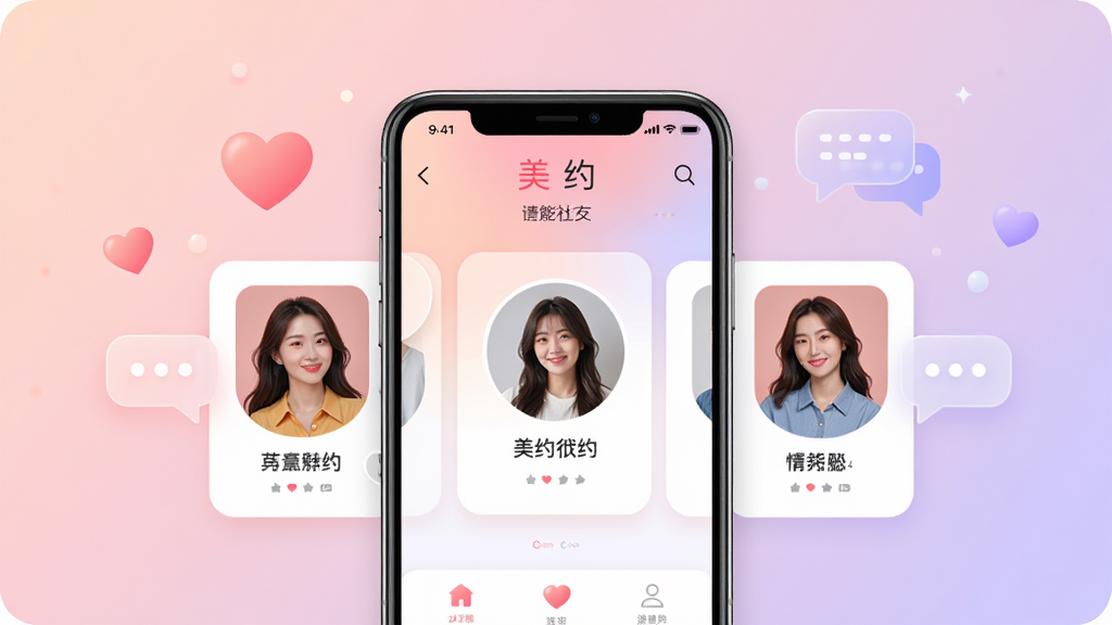 美约社交应用主界面展示,画面中央是一台智能手机,屏幕显示美约应用的交友匹配页面,左右滑动卡片式人物推荐,背景是温馨的浅粉色与淡紫色渐变,周围点缀着爱心和对话气泡图标,风格清新现代,细节丰富,画质清晰,干净无多余元素
