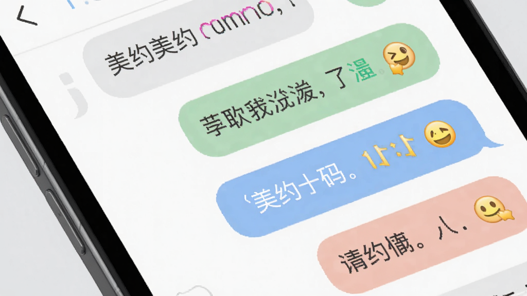 美约应用内聊天界面特写,手机屏幕展示对话列表和聊天气泡,气泡颜色柔和,包含文字和表情符号,背景为干净的白色与浅灰色,界面排版整齐,风格简约时尚,画质高清,干净无多余元素