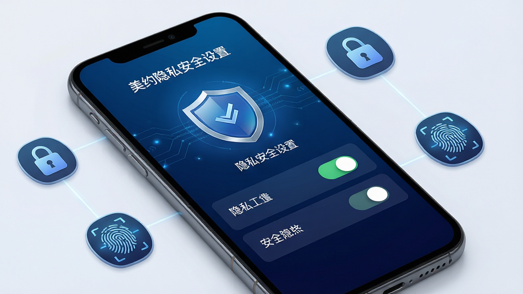 美约隐私安全设置页面展示,智能手机屏幕显示盾牌图标和隐私选项开关,背景为深蓝色科技感渐变,周围有锁形和指纹识别图标点缀,风格稳重专业,细节清晰,画质精细,干净无多余元素