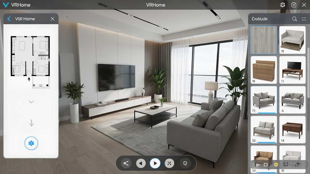 ������ʵ��װƽ̨VRHome����������ȫ��չʾ������������һ���ִ���Լ���Ŀ�����ά���������Ϊ����ͼ������壬�Ҳ�Ϊ������Ҿ��زĿ⣬�ײ�Ϊ�ӽǿ��ƹ����������岼���������������Ϊ�Ƽ���UI��ƣ�ϸ�ڰ���ɳ�����輸������ǽ����ش�����ֲ�����ʸ��壬����ɾ����޶���Ԫ��