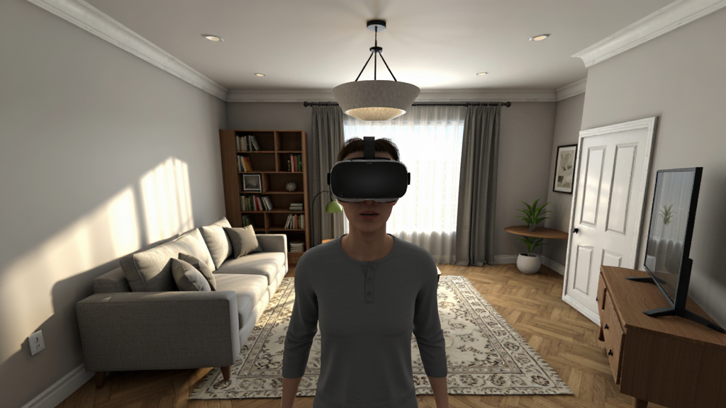 ������ʵ��װƽ̨VRHome����ʽVRȫ�����γ�����������һλ�û����VRͷ��վ������������룬��Χ����������ά�Ҿӻ���������ɳ������ܡ���̺�͵��ƣ��ӽǳ��ֵ�һ�˳�����״̬�����Ϊдʵ��Ⱦ��ϸ�ڰ�����ӰͶ��Ͳ������������ʸ��壬����ɾ����޶���Ԫ��