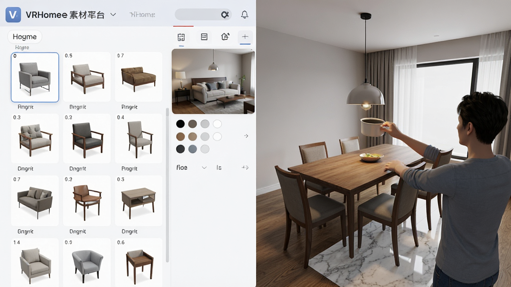 ������ʵ��װƽ̨VRHome�زĿ�������滻����չʾ���������Ϊ���������ļҾ�ģ���б����Ҳ�Ϊ��ά�����������û����ڽ�һ�������������Ϸ����ذ���ʴ�ľ���л�Ϊ����ʯ�����Ϊ��ƽ��UI��дʵ��Ⱦ��ϣ�ϸ�ڰ���ģ������ͼ����ɫѡ������ʵʱԤ�����ڣ����ʸ��壬����ɾ����޶���Ԫ��