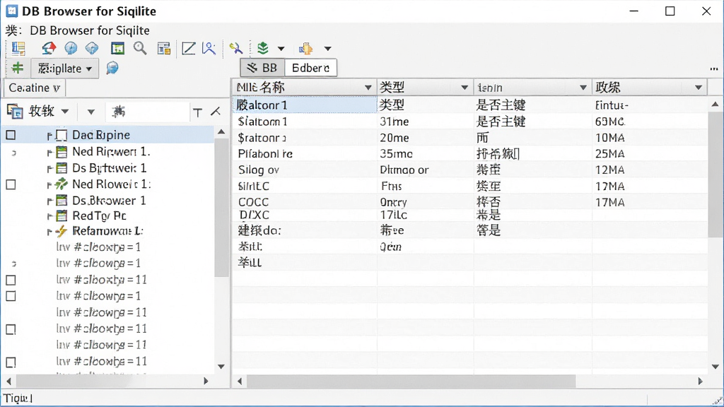 ��������չʾͼ����������ʾDB Browser for SQLite�����ݿ�ṹ�༭���棬���Ϊ���б����Ҳ�Ϊ�ֶζ�����񣬰����ֶ��������͡��Ƿ��������У����Ϊ���ݿ�������߽��棬ϸ���Ͻ��沼��������ͼ��רҵ������Ϊ���塢�ɾ��޶���Ԫ��
