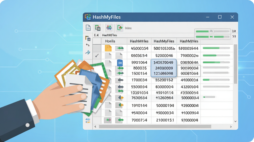 һ��չʾHashMyFiles�����������ܵ�ʾ��ͼ������������һֻ�ֽ�һ���ļ�ͼ�������������ڣ������ڱ���˲���������й�ϣ���ݣ�����Ϊ�Ƽ���ǳ��ɫ���䣬���Ϊ��ƽ���廭���ϸ�ڰ����ļ�ͼ�ꡢ��ϣ��ֵ�ַ���������Ԫ�أ���������������ɾ��޶���Ԫ��