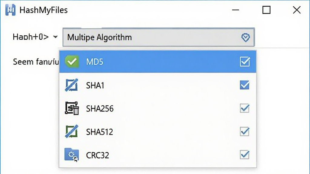һ��չʾHashMyFiles���㷨ѡ������ͼƬ�����������������������˵���ѡ���б���������ʾMD5��SHA1��SHA256��SHA512��CRC32��ѡ�ÿ��ѡ�����ж�Ӧ��ͼ�꣬����Ϊ����ɫ�����Ϊ���UIչʾ���ϸ�ڰ������ֱ�ǩ�빴ѡ״̬����������������ɾ��޶���Ԫ��