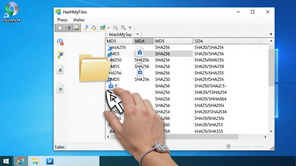 һ��չʾHashMyFiles��Windows����������ʱ�Ĳ�������ͼ���������û����ڽ��ļ��������������ڣ���������ʾ����ļ���MD5��SHA256��ϣֵ�����汳��Ϊ������ɫ�������Ϊдʵ����ʹ�ó������ϸ�ڰ��������ק�������ļ��б�����ϣ��ֵ����������������ɾ��޶���Ԫ��