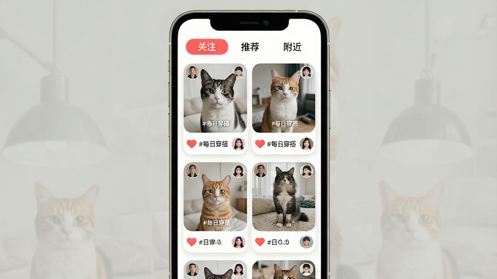 ��è������������ʾ��ͼ������Ϊ�ֻ���Ļ����Ļ��չʾ˫���ٲ���ͼƬ�б���ÿ��ͼƬ�·���ʾ����ͼ�����������������С���ע�����Ƽ����������������л���ǩ������Ϊ���½ṹ���Ű����룬���Ϊ���Բ�ǿ�Ƭ��ƣ�ϸ�ڰ�����ɫ��������ͼ�ꡢ�����ǩ���֡�#ÿ�մ�����û�ͷ�񣬻����������ɾ����޶���Ԫ�ء�