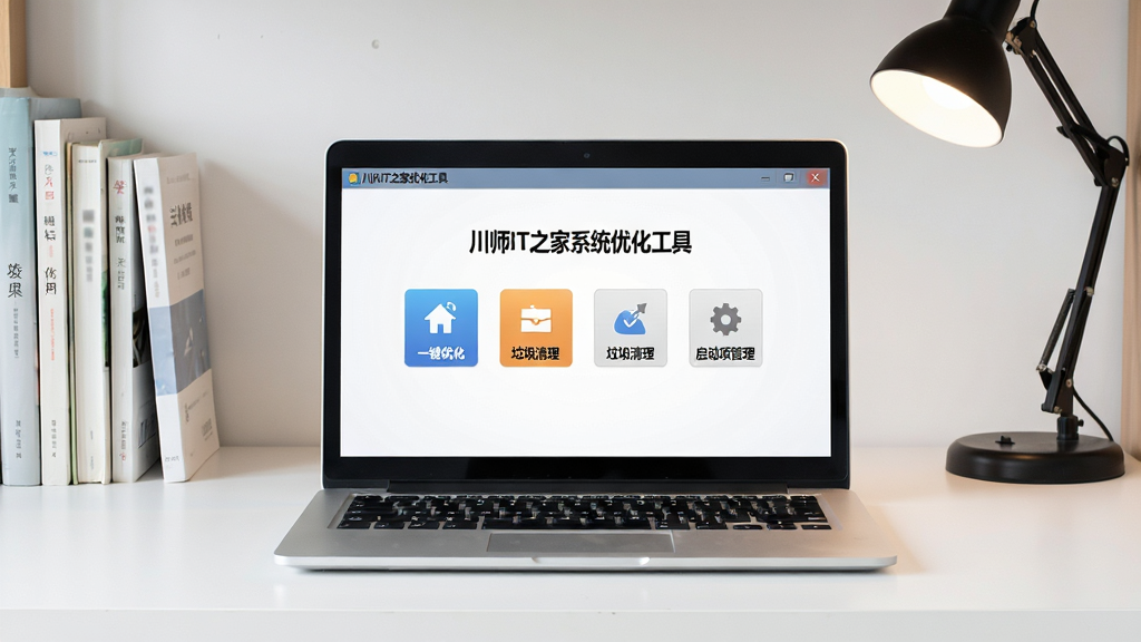 一张干净整洁的电脑桌面场景图,画面中央放置着一台打开状态的笔记本电脑,屏幕显示“川师IT之家系统优化工具”主界面,界面包含一键优化、垃圾清理、启动项管理等功能按钮,背景是简约的大学宿舍书桌环境,有书本和台灯点缀,整体风格清新明亮,画质清晰,无多余元素