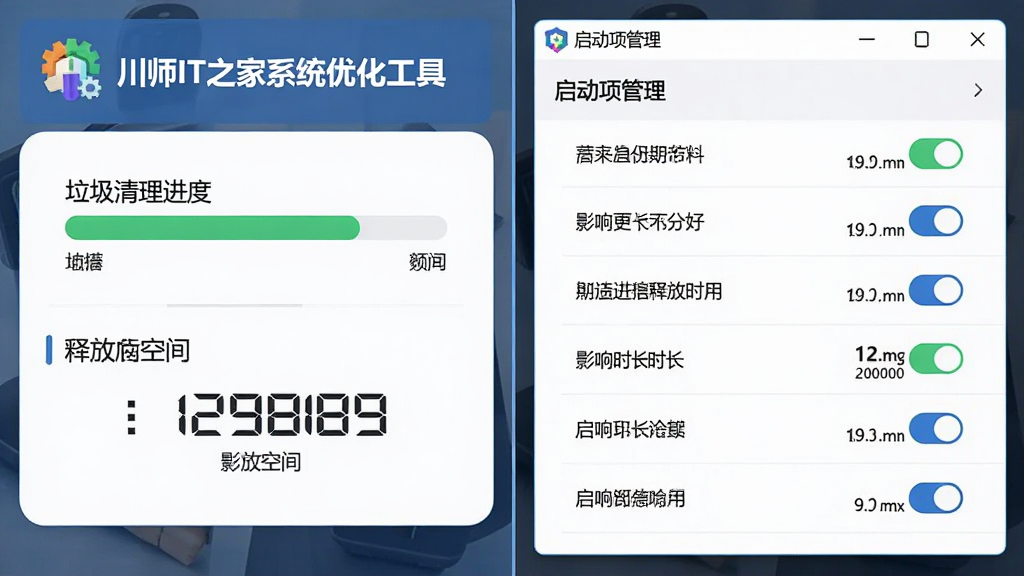 “川师IT之家系统优化工具”功能展示图,画面分为左右两部分,左侧是垃圾清理进度条和释放空间数字,右侧是启动项管理列表,带有开关按钮和影响时长标注,布局清晰,排版整齐,风格扁平化,细节包括软件Logo和界面边框,画质清晰,干净,无多余元素