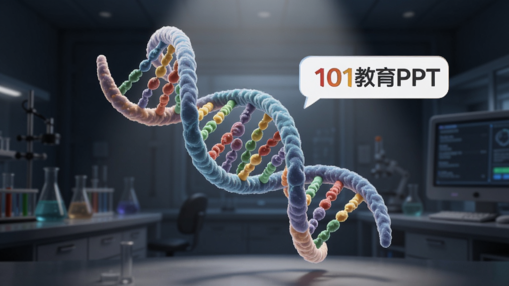 һ��AI���ɵ�ͼƬ��չʾһ�������ڿ��е�3D DNA˫�����ṹģ�ͣ�ģ���Ա�Ư���š�101����PPT���ı�ǩ����������ɫʵ���һ��������߾۽���ģ���ϣ�ɫ�����ޣ����Ϊ��ѧ���ӻ���ͼ���Ű���У�ϸ�ڷḻ�����ʳ��壬�޶���Ԫ�ء�