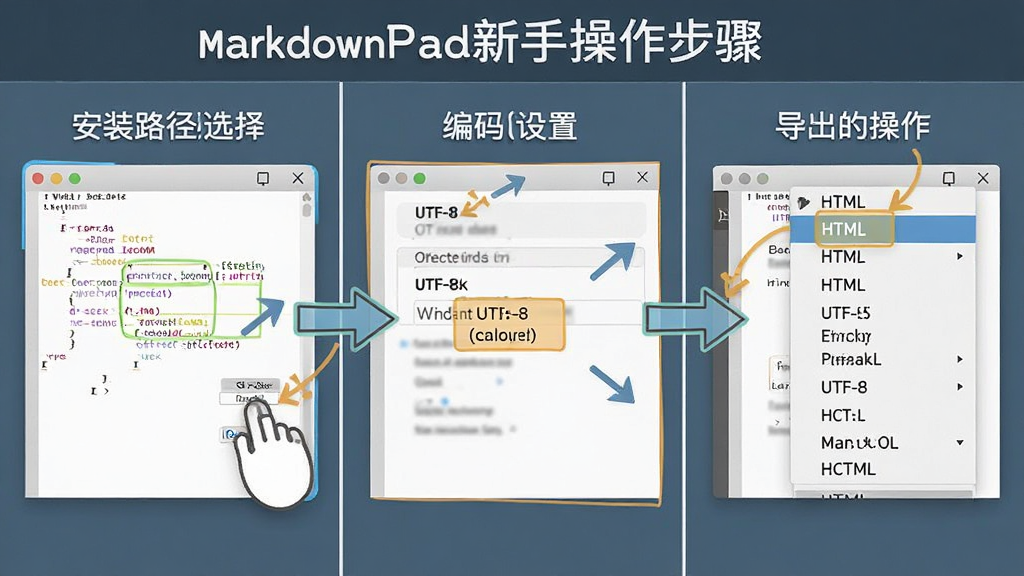 MarkdownPad���ֲ�������ʾ��ͼ�������Ϊ�������������ʾ��װ·��ѡ����棬�м���ʾ��������ΪUTF-8��ѡ��Ҳ���ʾ����ΪHTML�Ĳ˵����������Ϊ�̳�ͼ�⣬ϸ�ڰ�����ͷָ�����ص��ע�����������ɾ��޶���Ԫ��