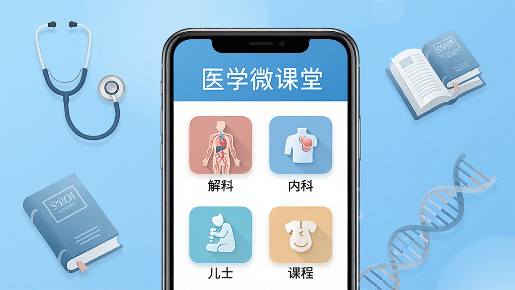 ��������չʾһ�������ֻ����ֻ���Ļ��ʾҽѧ΢����Ӧ�õ������棬������������������ʡ��ڿơ���ơ����Ƶȿγ̷���ͼ�꣬�������������ɫ���䣬��ΧƯ������������ҽѧ�鼮��DNA˫�����Ȱ�͸��Ԫ�أ�������Ϊ��ƽ���Ƽ��У�ϸ�����������ʸɾ��������޶�������Ԫ�أ�ͻ��ҽѧ΢���õ�Ʒ������