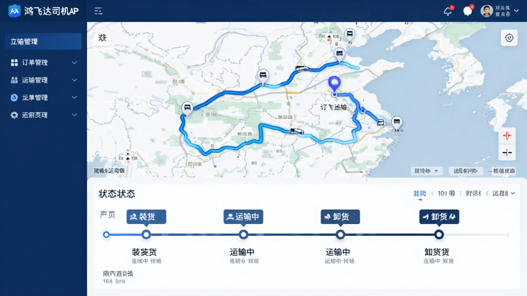 ����Ϊ��ɴ�˾��APP���������ҳ�棬չʾ��ͼ�켣�Ͷ���״̬ʱ���᣻���ֲ������·����Ű棬�Ϸ�Ϊ��ͼ���·�Ϊ״̬�б����Ű���ʱ����������עװ���������С�ж���Ƚڵ㣻���Ϊ����Ƽ����ɫ��������ɫ�Ͱ�ɫΪ����ϸ���ϵ�ͼ����·�߸����ͳ���ͼ�ꣻ���ʸ��壬����ɾ����޶���Ԫ�ء�