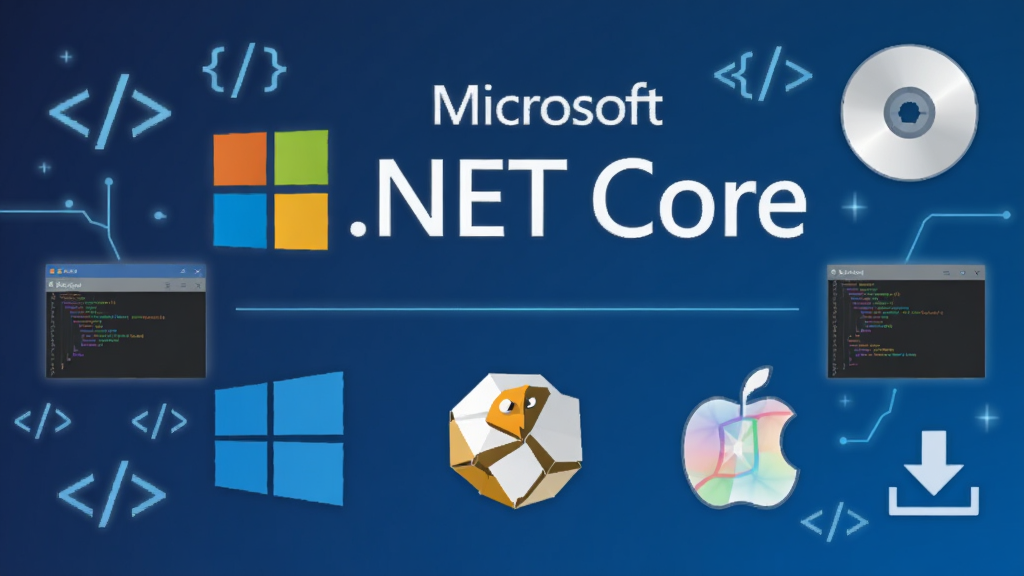 ��������ȫòչʾͼ������Ϊ Microsoft .NET Core �ٷ���ʶ���ƽ̨Ӧ�ó�����ϣ����ֲ��þ��жԳ�ʽ���Ϸ����� Microsoft .NET Core ���ֱ�ʶ���·����� Windows��Linux��macOS ����ϵͳͼ�꣬��Χ���ƴ��������������д���Ԫ�أ��Ű��������������Ϊ�ִ��Ƽ���ƽ����ϸ�ڰ�����ɫ���䱳���������������������������ؼ�ͷͼ�꣬���ʸ��� 4K���ɾ��޶���Ԫ��