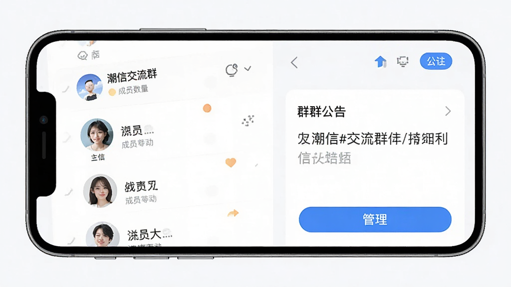 ��������Ϊ�����š�Ⱥ��������棬����Ϊ�ֻ���Ļ���չʾ����Ļ����ʾȺ��Աͷ���б���Ⱥ�����������Ϊ�ִ���ԼUI�磬ϸ�ڰ���Ⱥ���ơ����Ž���Ⱥ������Ա������ʶ��������ť��Ԫ�أ����ʸ��壬�ɾ����޶���Ԫ��
