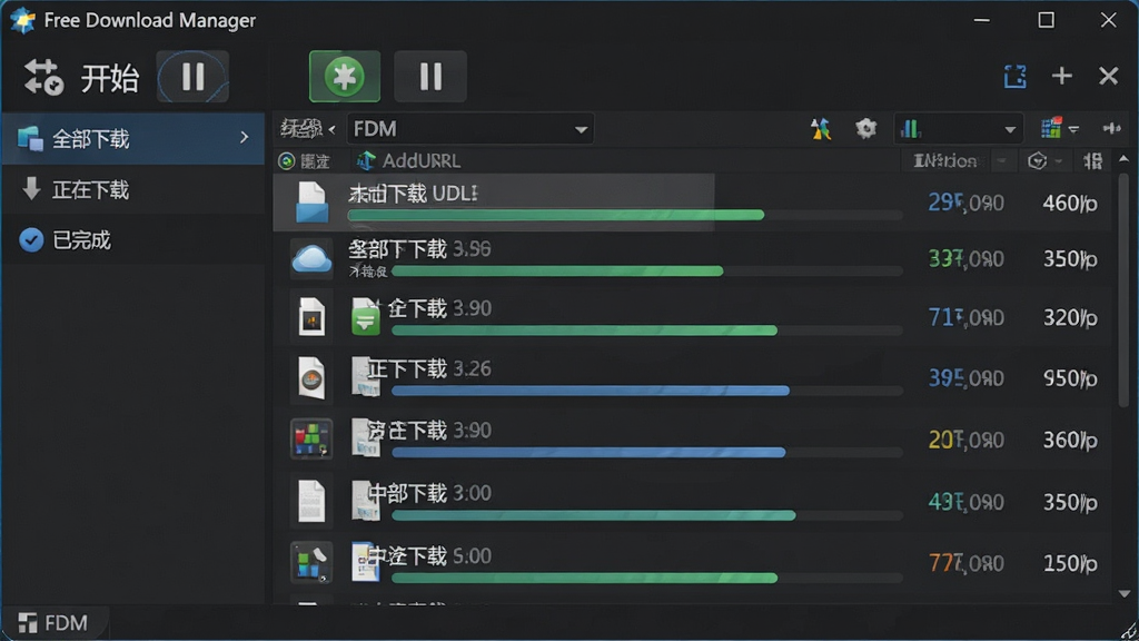 һ��չʾ Free Download Manager �����������ȫ��ͼ��������������ɫ�����FDM���ڣ����Ϊ���ർ������ʾ��ȫ�����ء����������ء�������ɡ�����Ŀ���Ҳ�Ϊ���������б�����ʾ����ļ����������ٶ���ֵ������������������URL����ʼ����ͣ��ť�����岼���������򣬷��Ϊ�ִ��Ƽ���UI��ƣ�ϸ�ڰ���������������ͼ�꣬�����������ɾ����޶���Ԫ�ء�