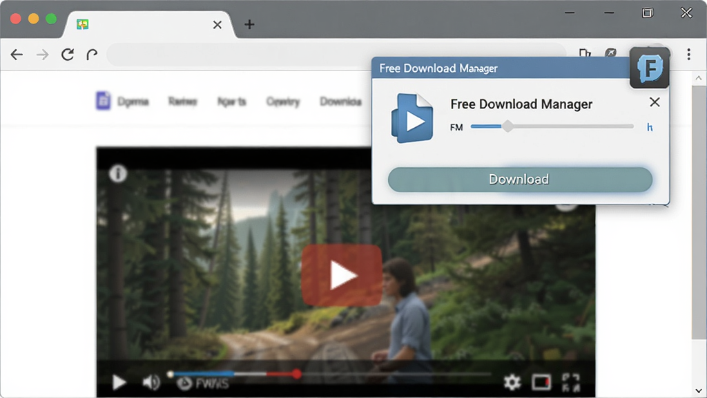 һ��չʾ Free Download Manager �������չ�ӹ����ص�ʾ��ͼ������Ϊ������������Ͻǵ���FDM���ظ�������������ʾ�ļ����������ذ�ť��������ҳ������Ƶ������Ԫ�أ����Ϊ��ƽ��UI��ƣ�ϸ�ڰ������ͼ���������ť�������������ɾ����޶���Ԫ�ء�