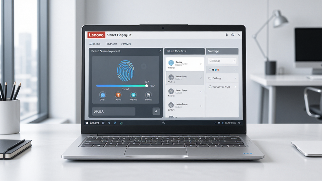 ����Lenovo Smart Fingerprint��������ȫòչʾ�������������һ̨��ɫ����ʼǱ����ԣ���Ļ��ʾָ�ƹ��������棬�����а���ָ��¼�����������¼��ָ���б�������ѡ�����Ϊ�����ִ��칫���棬��������ˬ�Ƽ���ǿ�����������ɾ��޶���Ԫ��