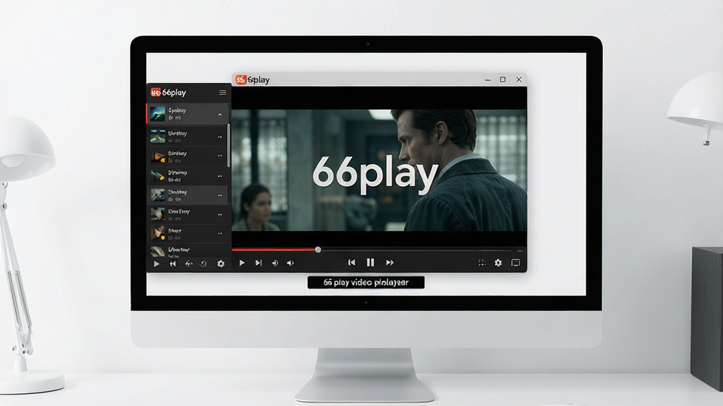 һ��չʾ66play��Ƶ���������������ͼƬ�������ǵ�����Ļ����Ļ������66play���������ڣ����������ڲ���һ�������Ӱ���棬�����·��н������Ͳ��ſ��ư�ť�����ֲ��þ��й�ͼ����Ļ��Χ�м������滷�����Ű����������Ϊ�ִ��Ƽ��У�ϸ�ڰ�������logo�������б����������Ļ��ʾ���򡣻���Ҫ����塢�ɾ����޶���Ԫ�أ���Ļ������Ϊ��66play����