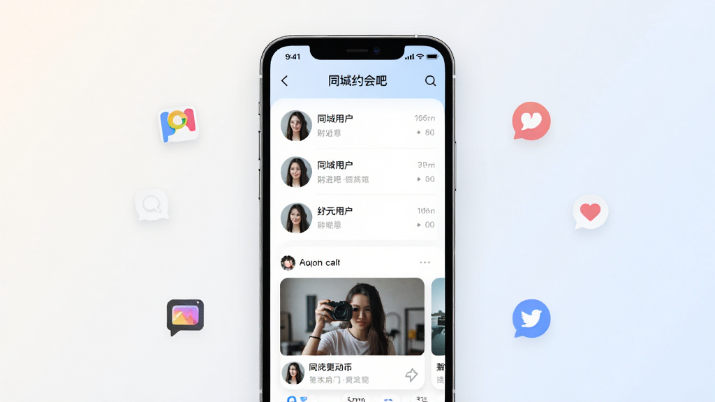 һ��չʾͬ��Լ���APP��������ֻ�����ͼ�������������ֻ���Ļ����Ļ����ʾͬ��Լ��ɵĸ����û��б��Ͷ�̬��Ƭ������Ϊǳɫ���䣬��Χ�������罻ͼ���׺����������ִ���ϸ�����������ʸ��壬�ɾ��޶���Ԫ��
