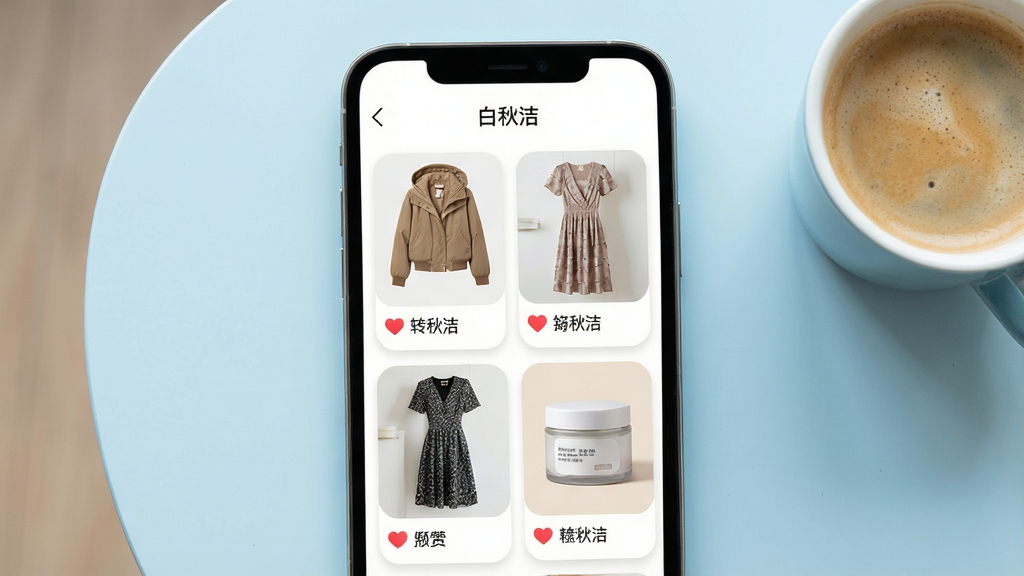 ����������һ�����µ��ֻ�Ӧ�ý��棬�Ϸ�������д�š�����ࡱ���·��������ٲ�����Ƭ����Ƭ��չʾ��Ůװ���ס�����ȹ����Ĥ�޵�ͼƬ��ÿ�ſ�Ƭ�·���С���ĵ���ͼ��ͼ����������������Ϊ�ɾ���ǳ��ɫ���棬�Ա߷���һ�����ȡ����Ϊ���������¼�磬ϸ�ڰ�����ƬԲ����͡��������������ʸ��壬�ɾ����޶���Ԫ�ء�