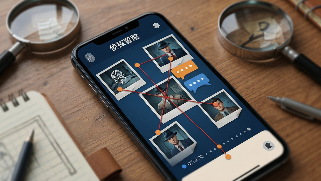 ����������һ���ֻ���Ļ��չʾ����̽ð����Ϸ�������ʼǽ��棬��Ļ�Ϸֲ��Ŷ��Ű�����Ƭ�ͺ������ӵ��������磻���ֲ��ø��ӽǶȣ��ֻ�������ľ�������ϣ��Ա�ɢ���ŷŴ󾵺ͱʼǱ����Ű�ͻ���ֻ���Ļ���ݣ���Χ�������黯���������Ϊ�ִ��Ƽ��븴��̽����ϣ�ɫ����������ů��Ϊ����ϸ�ڰ�����Ļ�ϵ�ָ��ͼ�ꡢ�Ի����ݡ�ʱ���߱�ǣ����ʸ��壬����ɾ����޶���Ԫ�أ��ֻ���Ļ����ʾ���֡���̽ð�ա���