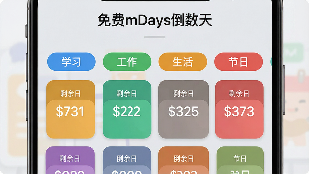 һ��չʾ�����mDays�����족����������ܵĽ����ͼ���ͼƬ���������ֻ���Ļ��ʾ�����ɫ��ǩ���࣬��ǩ�Ϸֱ�д�š�ѧϰ��������������������ա����·���Ӧ��ͬ��ɫ�ĵ����տ�Ƭ����Ƭ����ʣ���������֣�����Ϊǳ��ɫ�������Ű����룬����ִ���Լ�����ʸ��壬���֡����mDays�����족��������Ļ����