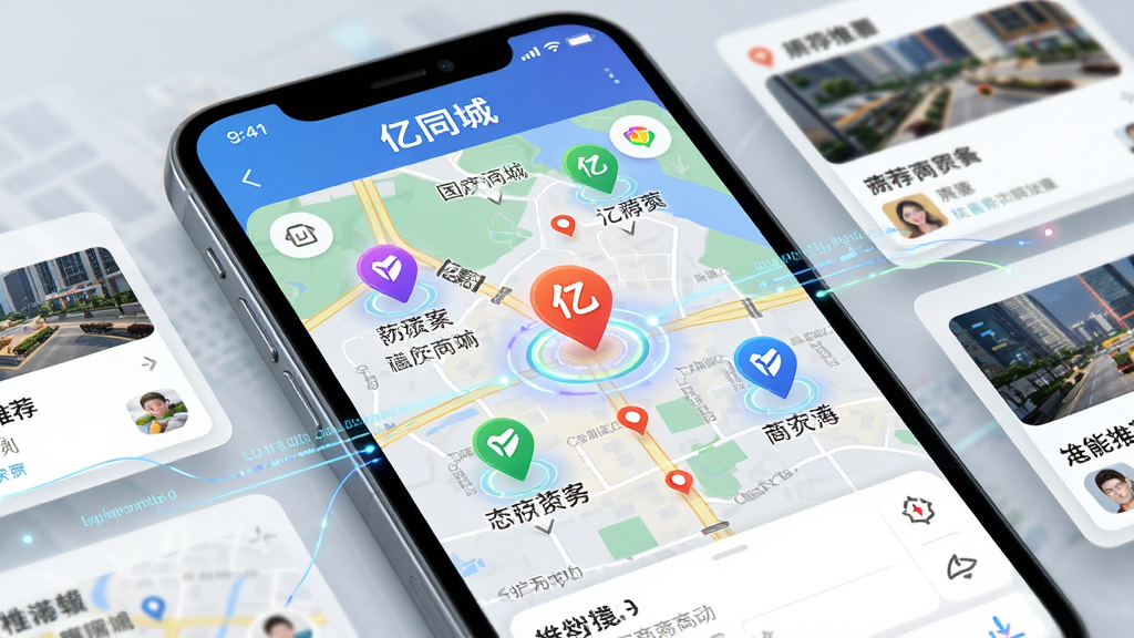 ��������Ϊ�ֻ���Ļ��д����Ļ����ʾ��ͬ��APP�ĵ�ͼ���棬��ͼ�ϱ�ע�˶����ɫ��λͼ�����̼ұ�ǩ�������Ե�ͼΪ�������ܻ����Ƽ���Ƭ�����Ϊдʵ�Ƽ��У�ϸ���϶�λ��Ȧ��˸����Χ���������������ӡ����ʸ��壬�ɾ����࣬��Ļ�Ϸ���ʾ����ͬ�ǡ����ơ�