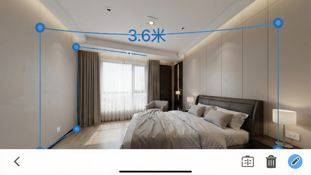 ��άָ����APP�ڳߴ��ע���ܽ����ͼ������չʾһ��ȫ�������ӽǣ�ǽ��������ɫ��ע����������ǽ�ǣ��Ա���ʾ��3.6�ס����ֱ�ǩ������Ϊȫ������ʽ���Ű��࣬���Ϊ��ʵAPP����ģ�⣬ϸ�ڰ�����ע�߶˵�Բ�㡢�ߴ����֡�ɾ����༭ͼ�꣬���ʸ��壬�ɾ����޶���Ԫ��