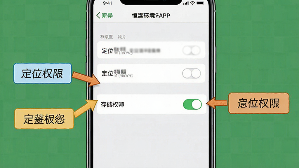 ���ɻ���APP��װ����Ȩ�޲���ʾ��ͼ������չʾ�ֻ����ý�����Ȩ�޹���ҳ�棬��ע��λȨ�޺ʹ洢Ȩ�޿���λ�ã����м�ͷָ��������˵���򣬱���������������̳�ͼ��ʽ�����ʸ��壬�ɾ����޶���Ԫ��