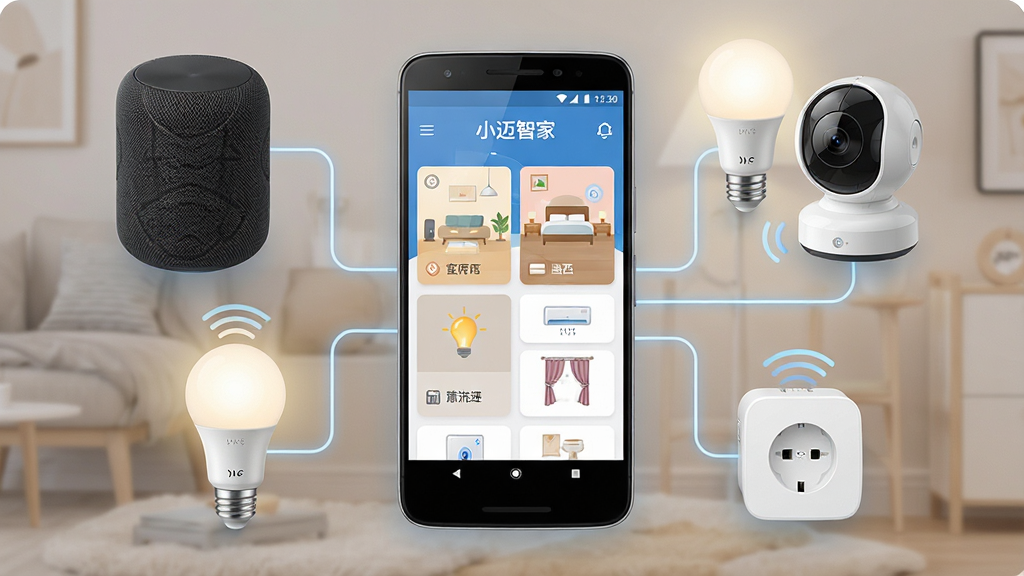 һ��չʾС���Ǽ�APP����ȫò�ĳ���ͼ������������һ����׿�ֻ����ֻ���Ļ����ʾС���Ǽ�Ӧ�õ����ؽ��棬�������п��������ҡ������ȷ��俨Ƭ�͵ƹ⡢�յ����������豸ͼ�꣬�ֻ���Χ�������������䡢���ܵ��ݡ���������ͷ�����ܲ������豸�����岼��Ϊ�ֻ����С��豸���ƣ��Ű��������򣬷��Ϊ�ִ��Ƽ�����Ӽ���ܰ�н�ϣ�ϸ�ڰ����豸������������͹�Ч�����ͼ�꣬���ʸ��塢�ɾ����޶���Ԫ��