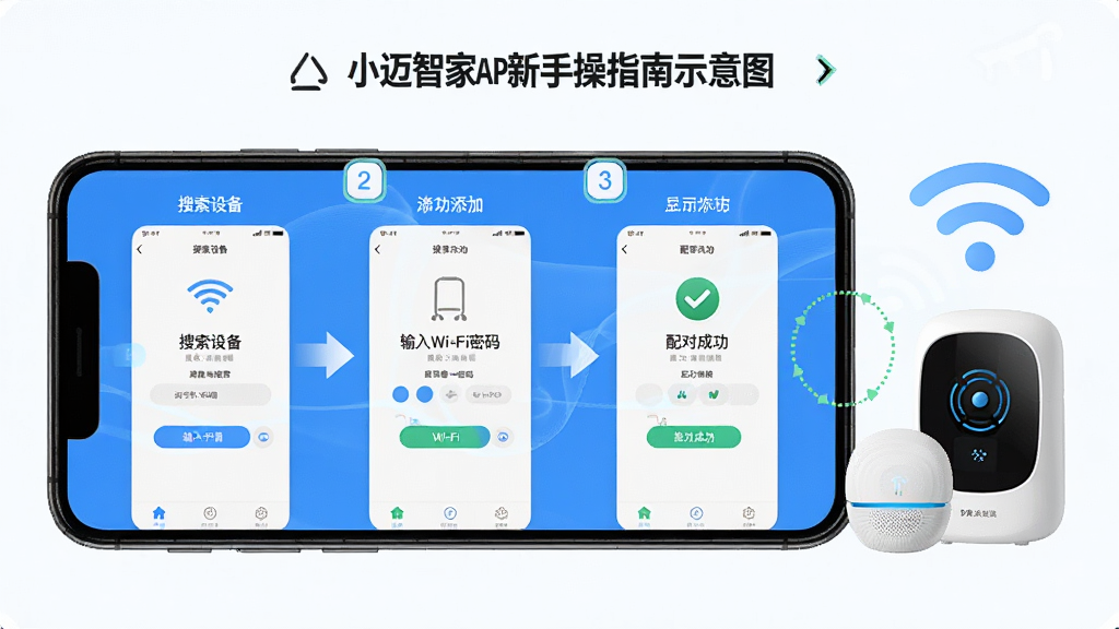 С���Ǽ�APP���ֲ���ָ��ʾ��ͼ������չʾһ���ֻ���Ļ����Ļ����ʾС���Ǽ�Ӧ�õ��豸�������̷ֲ���ͼ�����������豸������Wi-Fi���롢��Գɹ��Ƚ��棬�ֻ��Ա��������豸ʵ���Wi-Fiͼ�꣬���Ϊ�̳�ͼ����ϸ�ڰ���������š���ͷָ����������ʾ�򣬻��ʸ��塢�ɾ����޶���Ԫ��