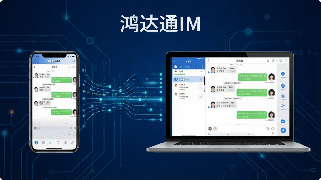 一张展示鸿达通IM多端同步功能的示意图,画面左侧是手机,右侧是笔记本电脑,两者之间用数据流线条连接,屏幕上均显示相同的聊天界面,背景为深蓝色科技风格,细节清晰,画质高清,干净无多余元素,图片中文字标注“鸿达通IM”