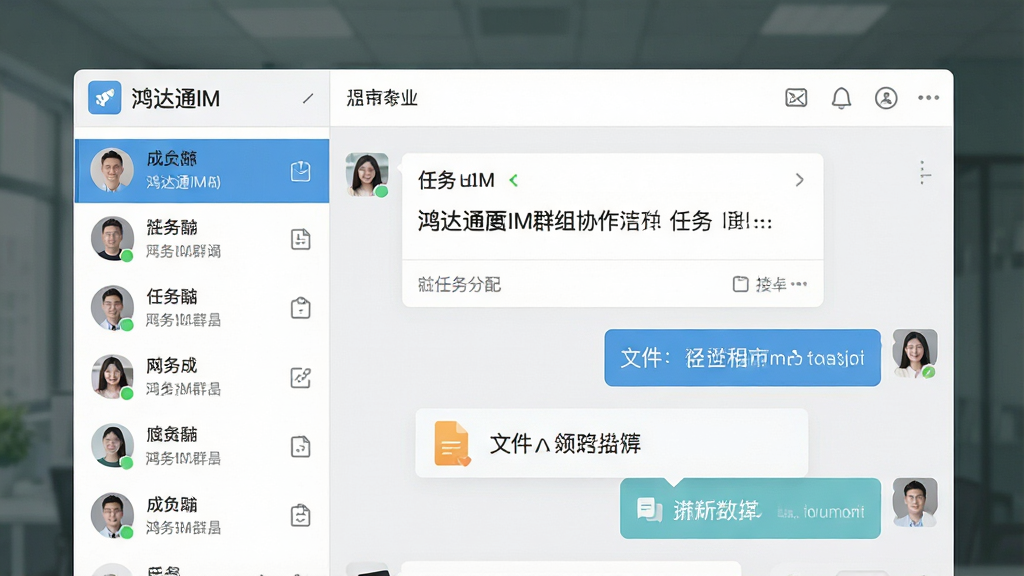 一张展示鸿达通IM群组协作功能的界面图,画面中显示一个群聊窗口,左侧是成员列表,右侧是聊天区域,聊天内容包含任务分配卡片和文件传输气泡,风格为现代办公扁平化设计,细节清晰,画质高清,干净无多余元素,图片中文字标注“鸿达通IM”