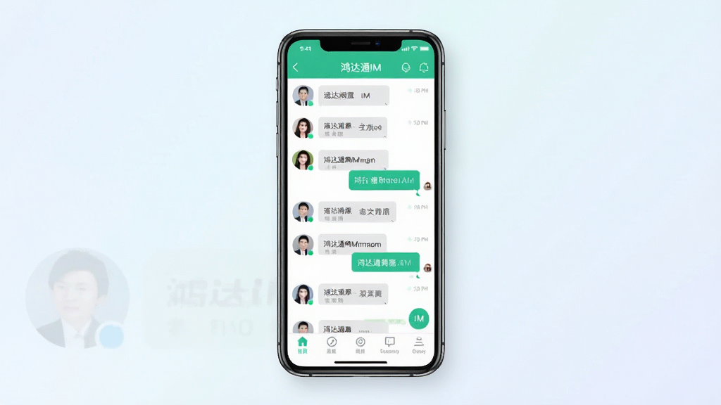 一张展示鸿达通IM软件界面的手机样机图,画面中央是一部现代智能手机,屏幕上显示鸿达通IM的聊天列表界面,包含头像、消息气泡和底部导航栏,背景为简洁的浅色渐变,风格为科技感扁平化设计,细节清晰,画质高清,干净无多余元素,图片中文字标注“鸿达通IM”