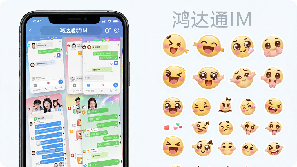 一张展示鸿达通IM个性化主题与表情的界面图,画面中显示手机屏幕上有多种颜色主题的聊天界面缩略图,以及一排可爱的表情包和贴纸,风格为活泼清新,细节清晰,画质高清,干净无多余元素,图片中文字标注“鸿达通IM”