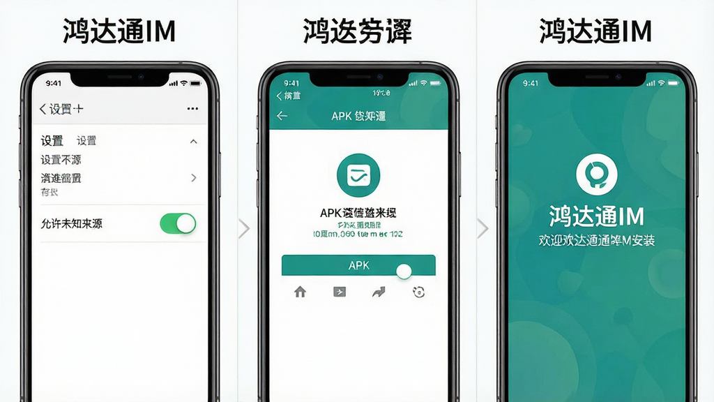 一张展示鸿达通IM安装步骤的图解,画面分为三个步骤,第一步是手机设置中的“允许未知来源”开关,第二步是APK安装界面,第三步是鸿达通IM欢迎页面,风格为简洁教程风,细节清晰,画质高清,干净无多余元素,图片中文字标注“鸿达通IM”