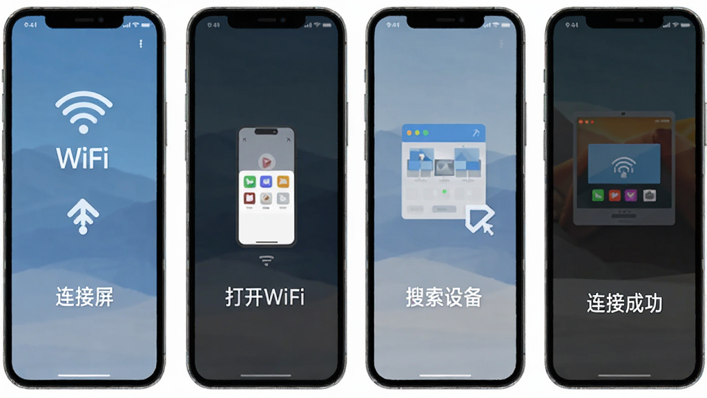 ��Ͷ��ʹ�ý̳̲���ͼ���������ֻ���Ļ��ͼ��ʽչʾ����Ϊ�ĸ����裺��һ������WiFi���ڶ�����Ͷ�����ܣ������������豸�����Ĳ����ӳɹ���ÿ���������м���ͼ�������˵���������Ű���������ƽ����Ʒ�񣬸��廭�ʣ��޶���Ԫ��