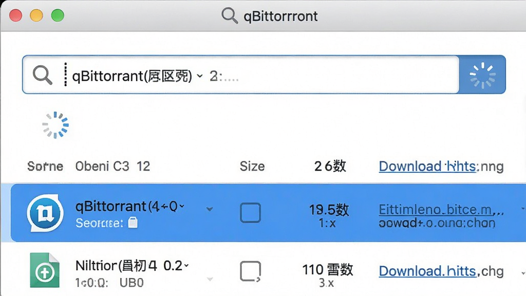 һ��չʾ qBittorrent �����������ܵĽ�����дͼ�����������������������˹ؼ��ʣ��·��б�չʾ���������������������ļ����ơ���С�����������������ӣ�����������������ɫ����ѡ�������Ϊ���׽��棬����Ϊ�����������򣬲��־��У����дʵ��ϸ�ڰ�������ͼ��ͼ��ض��������ʸ��壬�ɾ����޶���Ԫ��