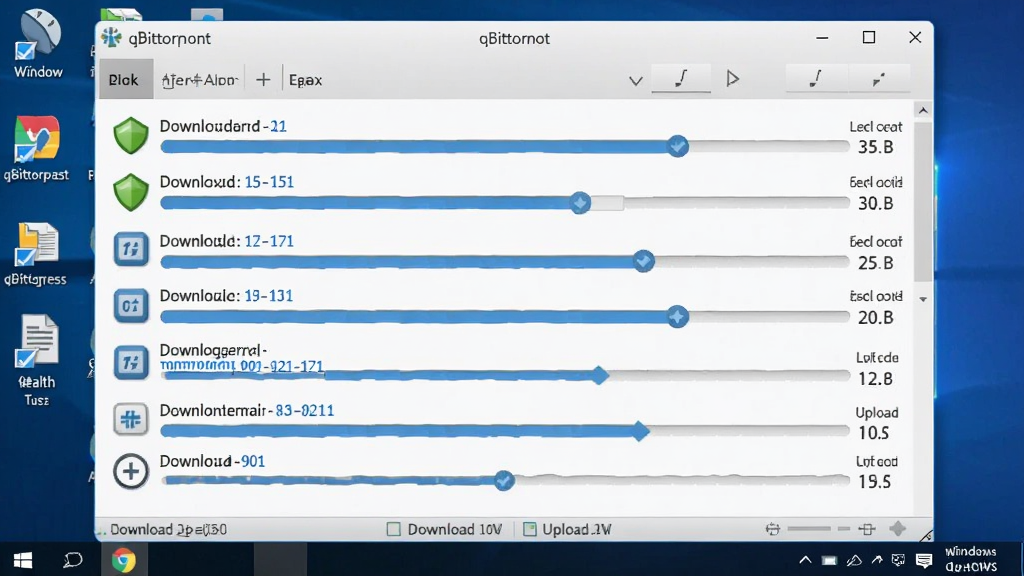 һ��չʾ qBittorrent ��Windows���������в�ͬʱ���ж����������������ͼ���廭������������������ʾ�������������������ײ�״̬����ʾ�������ϴ��ٶȣ�����Ϊ����ĵ������棬����Ϊ�������棬�������������дʵ�Ƽ��У�ϸ�ڰ�����ɫ��������ͼ�����ɫ�����������ʸ��壬�ɾ����޶���Ԫ��