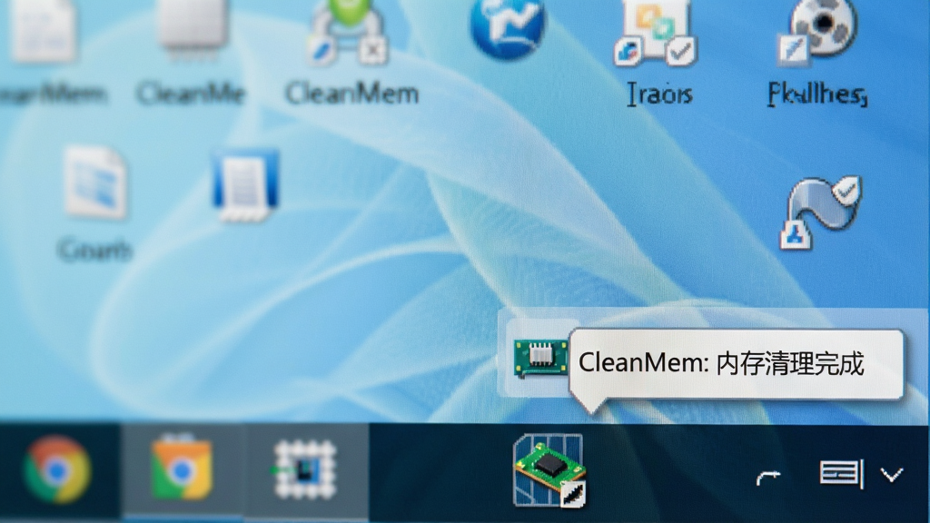 һ�ŵ�����Ļ���½�ϵͳ���̵ľֲ���дͼ������������ʾ���ͼ�꣬����CleanMem��ͼ��Ϊһ��С�ɵ��ڴ�����״���Ա���һ��������ʾ��д�š�CleanMem: �ڴ�������ɡ�������ΪWindows��������ģ��Ч���������������޶���Ԫ��