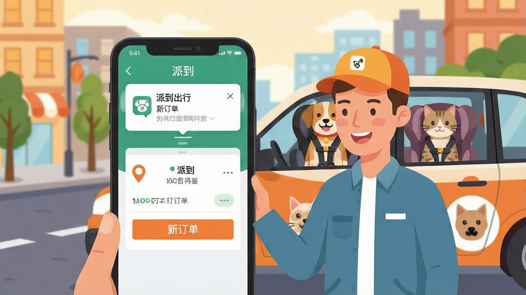 һ��չʾ�������˾���˽ӵ������Ĳ廭������������һ�������ֻ���Ļ��ʾ���ɵ���APP�Ľӵ����棬��Ļ�Ϸ��ж������͵������ֻ��Ա�վ��һλ��������װ��˾������΢Ц�鿴�ֻ��������ǳ��нֵ���һ�����г�����б�ʶ��������������һֻ�ɰ��Ĺ�����èè���ڰ�ȫ�����ϣ�������Ϊ��ƽ���廭�磬ɫ����ů������ϸ�ڷḻ�����������ɾ����޶���Ԫ�أ�ͼ������Ϊ���ɵ����͡��¶�����