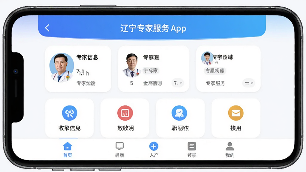 �ֻ���Ļ����ʾ����ר�ҷ���App�����棬��ɫ���䶥�����������в�Ϊר����Ϣ��Ƭ�͹������ͼ�꣬�ײ�Ϊ�����˵�����������������ƽ��UI�������ͻ�������־��У�ϸ�����������ʸɾ����޶���Ԫ�أ��ʺ���������վչʾ