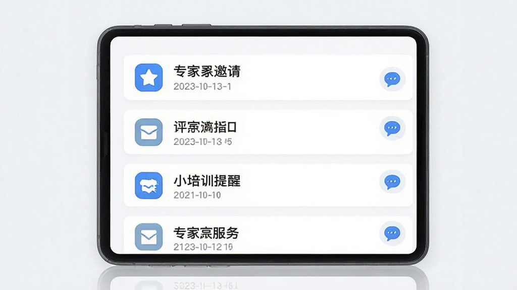 ����ר�ҷ���App��Ϣ֪ͨ����ҳ�棬չʾ����֪ͨ��Ƭ�������������롢��ѵ���ѵ�����ͼ�꣬��������б����֣���ɫ��������ɫδ����ǣ���ƽ����ƣ�������ˬ�ɾ����޶���Ԫ��