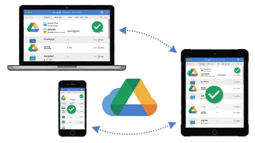 Google Drive ��ƽ̨ͬ������չʾ������Ϊ�ʼǱ����ԡ��ֻ���ƽ����̨�豸Χ��ͬһ�ƶ�ͼ�꣬���ֲ������������У��Ű��豸֮�������߼�ͷ���ӱ�ʾͬ�������Ϊ��Լ�廭�磬ϸ�ڰ���ÿ̨�豸��Ļ��ʾ��ͬ�ļ��б���ͬ����ɴ򹴱�ǣ����ʸ��� �ɾ� �޶���Ԫ��