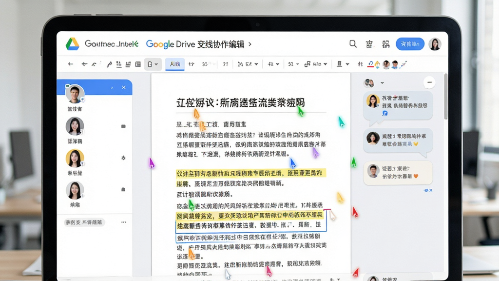 Google Drive ����Э���༭����������Ϊһ�ݴ򿪵������ĵ�������ɫ��꣬�������ĵ�������ʾ���Ű����Ϊ������ͷ���б��Ҳ�Ϊ�������ݣ����Ϊ�����칫�磬ϸ�ڰ����ĵ����⡢�������֡�����ѡ�����򣬻��ʸ��� �ɾ� �޶���Ԫ��