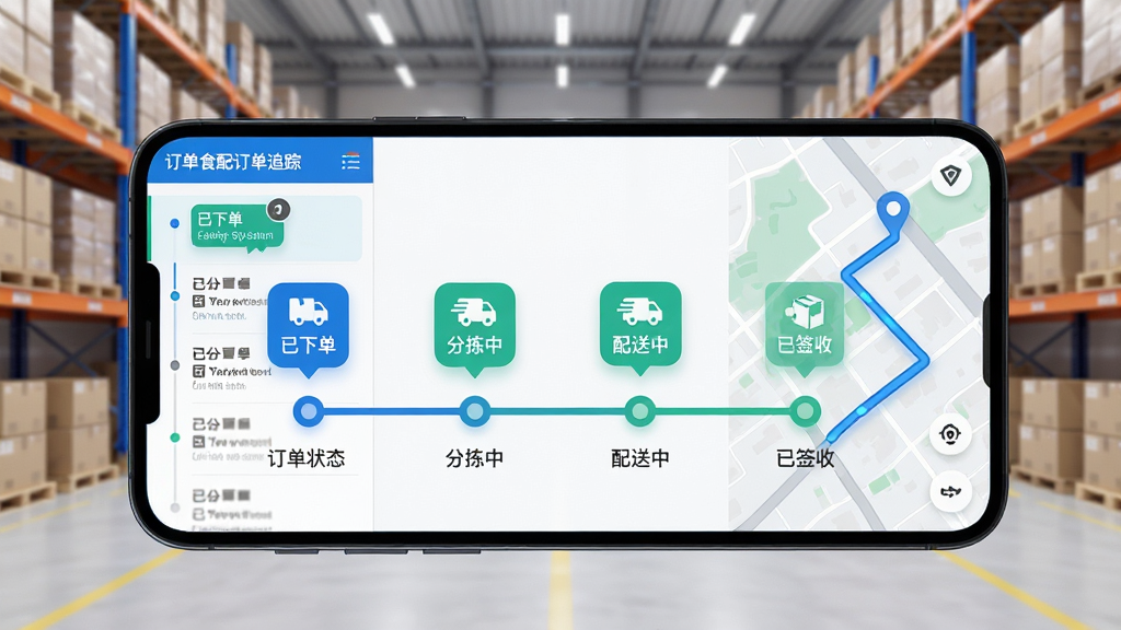 ��ʳ�䶩��׷�ٽ��棬�ֻ���Ļ��ʾ����״̬ʱ���ᣬ�������µ����ּ��С������С���ǩ���ĸ��ڵ㣬��������ɫ����ɫΪ��ɫ��������Ϊ���������ֿⳡ��������Ϊ�ֻ���״̬ͼ�꣬���ֲ������ҷ��������Ϊ�����б����Ҳ�Ϊ��ͼ�켣�����Ϊ����Ƽ��磬ϸ�����������ʸ��壬�ɾ����޶���Ԫ��