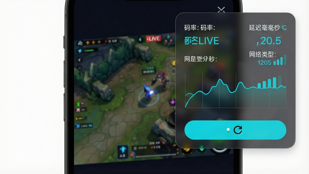 һ���ֻ���Ļչʾ������LIVE������״̬�����������ͼƬ���������Ͻ���һ����͸��������壬��ʾ��ǰ���ʡ��ӳٺ��������������ͺ��ź�ǿ�ȣ�����������ֱ������Ϸ���棬���岼�ּ�࣬���Ƽ��У���ɫ����ɫ��������ɫ��������Ϊ����ϸ�ڰ�������ͼ���źŸ�ͼ���ˢ�°�ť�����ʸ��壬�ɾ����޶���Ԫ��