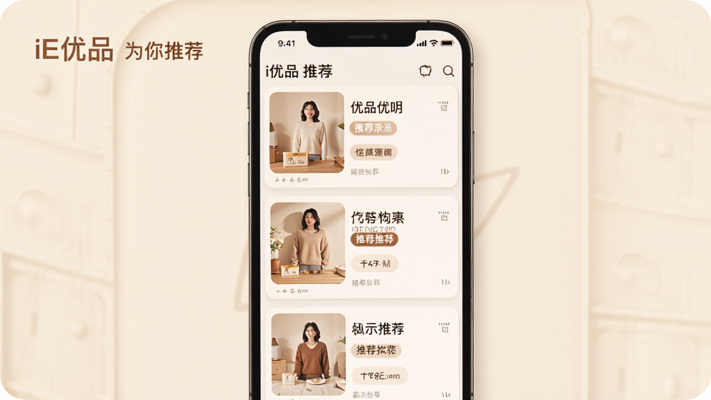 һ��չʾiE��Ʒ���Ի��Ƽ����ܵĳ���ͼ������Ϊ�ֻ���Ļ����ʾ�Ƽ���Ʒ�б�������Ϊ���������Ƭ�������Ϊ��ů���ɫ����ϸ����ÿ�ſ�Ƭ������Ʒͼ�����ƺ��Ƽ���ǩ������Ϊ����ɫ�����������ɾ���ͼƬ������Ϊ��iE��Ʒ Ϊ���Ƽ���