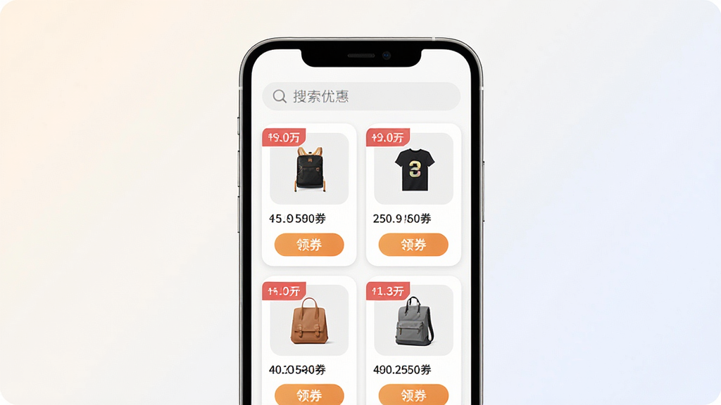 һ���ֻ�Ӧ�ý���չʾͼ�������������һ���ִ������ֻ����ֻ���Ļ��ʾ�����Ż�ȯ�б�ҳ�棬�������������·����ж�����Ʒ��Ƭ��ÿ�ſ�Ƭ�����ۿ۱�ǩ����ȯ��ť������Ϊǳɫ���䣬�����������ϸ�ڰ���Բ��ͼ�ꡢ���������Ű棬���ʸ��壬�ɾ����޶���Ԫ��